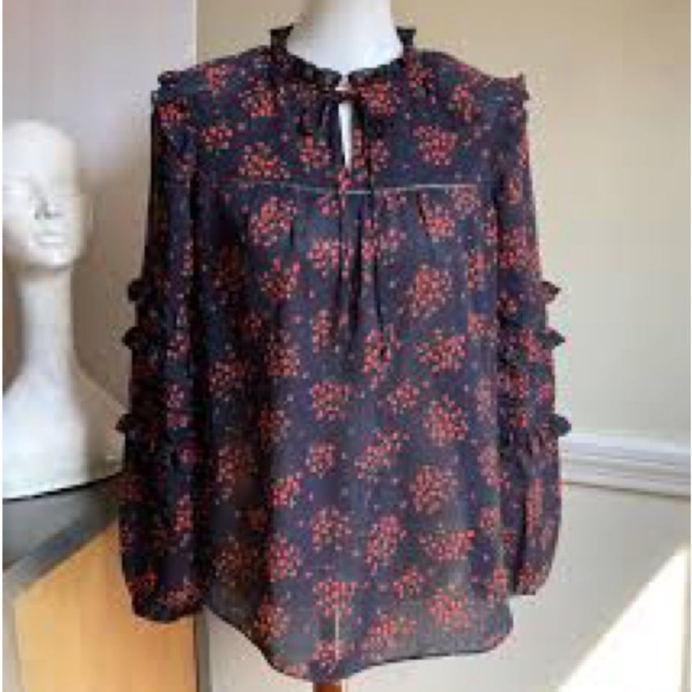 Ann Taylor Navy Floral Tie-Neck Blouse with Red Print